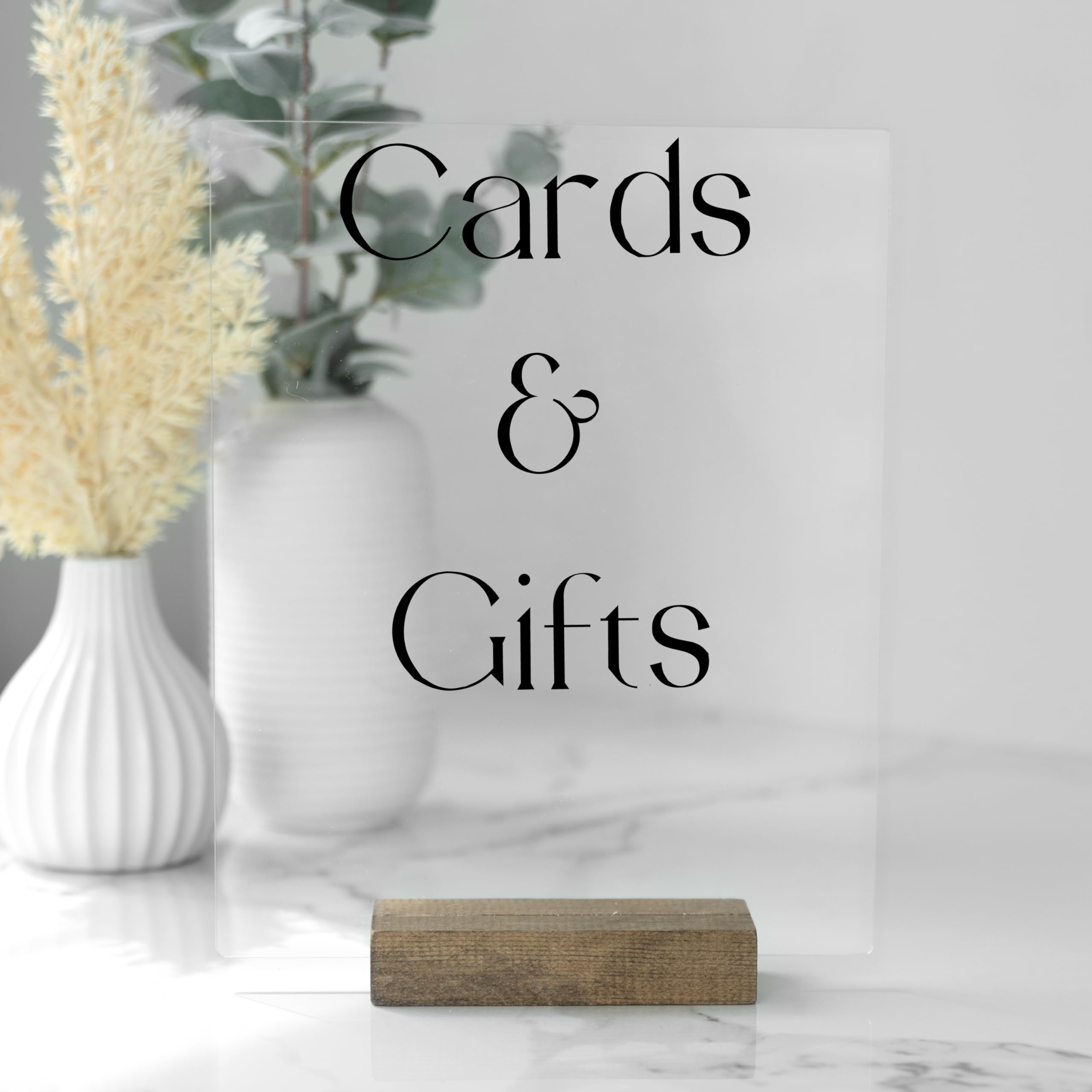 Photo 1 of Ilyapa Acrylic Sign with Wood Base, Brown Wood Finish, 4 Pack for Wedding Sign, Large, 8x10 Inch, Wedding Table Sign Holders, Blank Acrylic Signs with Wood Stand