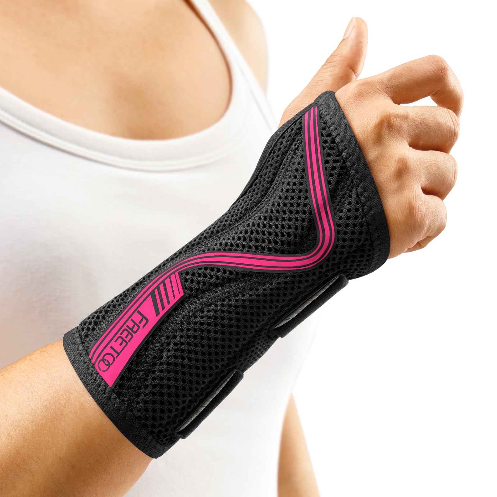 FREETOO Wrist Support S-shaped support for Arthritis, Adjustable Day Night Carpal Tunnel Wrist Splint for Men Women RSI, Sprain, Fracture Wrist Brace （Rose Red-Medium-Left）