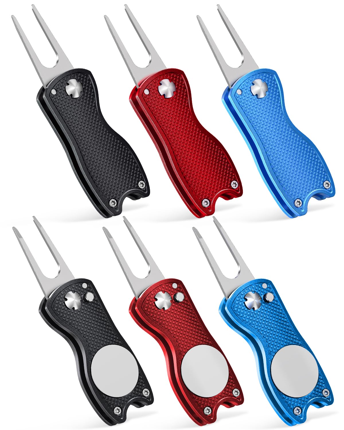 Photo 1 of GreenHaven 6 Pack Foldable Golf Divot Repair Tool with Magnetic Ball Marker and Pop-up Button Green Tool Accessories with Metal Fork Tine and Metal Handle for Golfers?Black&red&Blue