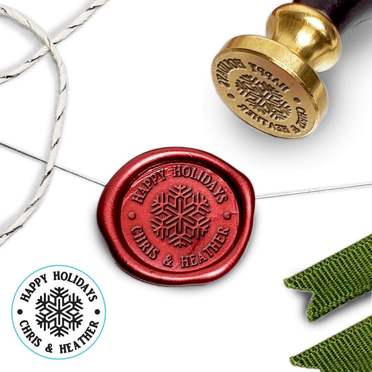 Christmas Snowflake Custom Wax Seal Stamp Kit with Your Name & Red/Gold Sealing Wax - 1" Die