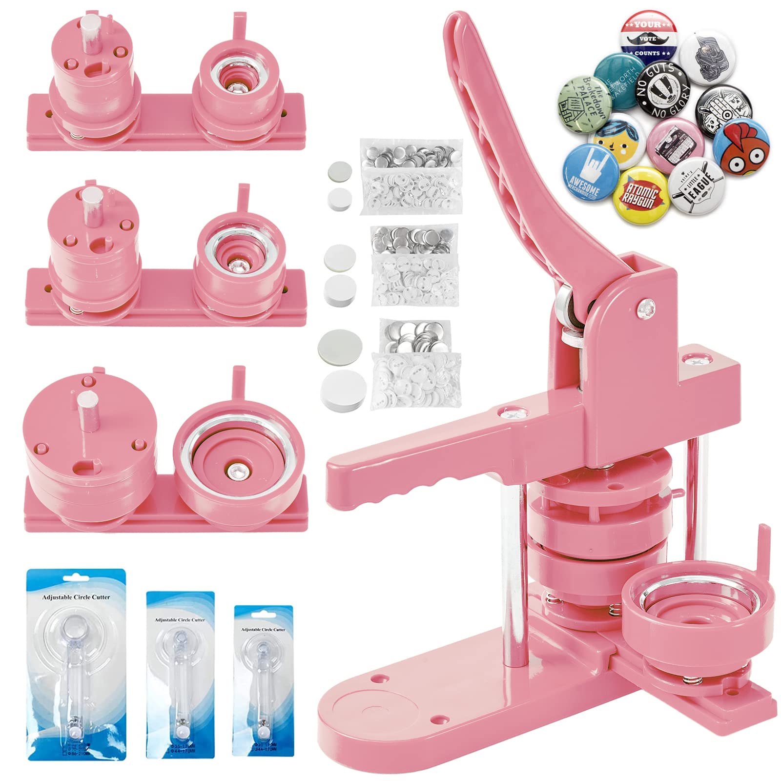 Photo 1 of Pin Maker, Button Maker Machine, Pin Maker Machine Kit Includes 300Pcs Pins 25/32/58mm (1/1.25/2.25 inch), 3 Circle Paper Cutters, DIY Button Pin Maker, Button Badge Press Machine(Pink)