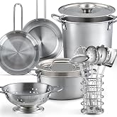13Pcs Kids Pretend Play Kitchen Accessories Pots and Pans Playset, Stainless Steel Pots and Pans Cooking Utensils in Draining Caddy Kitchen Toy Set Accessories for Kids Age 3 Years Old