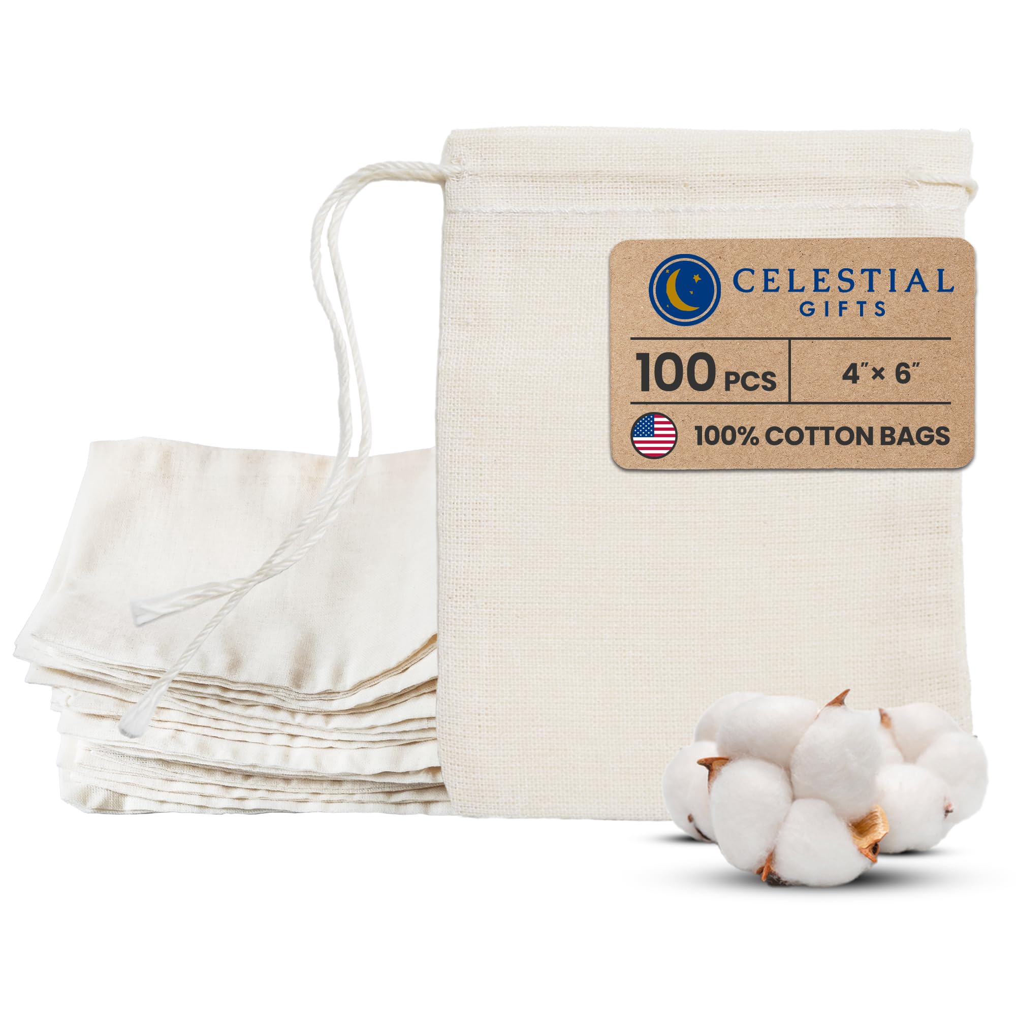Photo 1 of Celestial Gifts Muslin Bags 100pcs 4x6, 100% Cotton Drawstring Bags for Party Favors, Parts, Cowboy Cofee and Spices - Made in USA (Natural Hem & Drawstring)