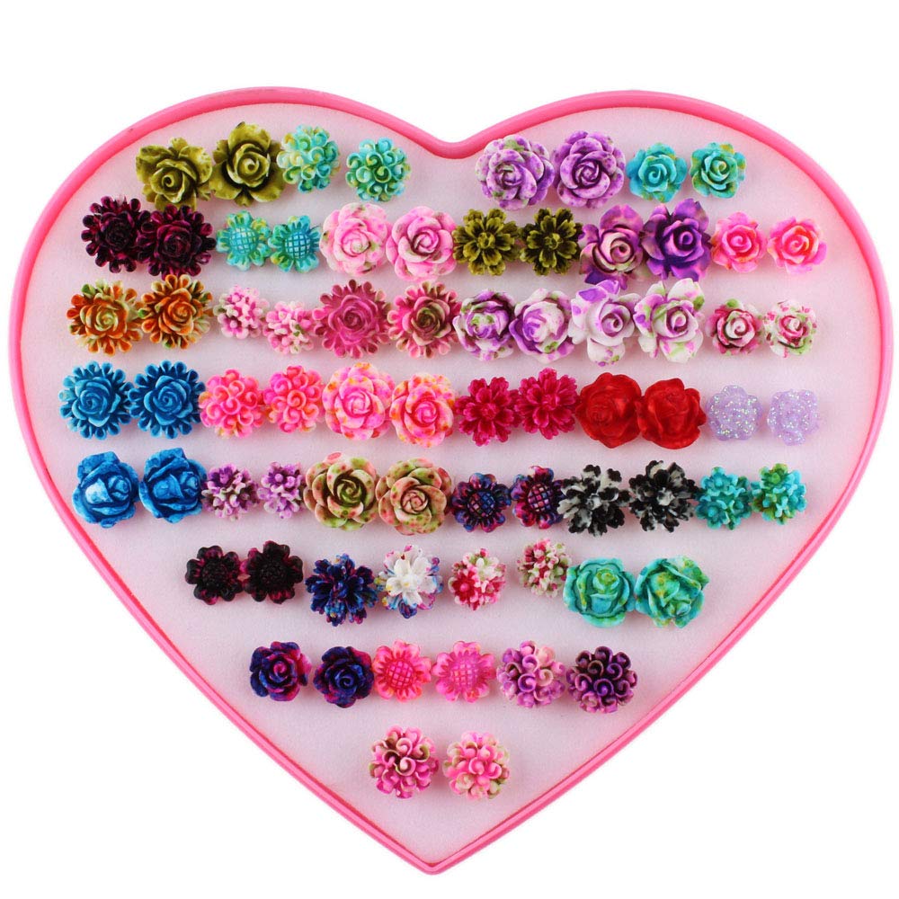 POFET 36 Pairs Stud Earrings with Heart Shape Gift Box, Hypoallergenic Earrings for Girls and Women, Colorful Ear Stud Jewelry Set, Multiple Size and Patterns PAB12256