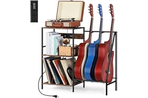 VRISA Guitar Stand, Electric Guitar Accessories with 3 USB Ports and 2 AC Outlets Guitar Stands Floor with Guitar Pick Holder Multifunctional Guitar Rack for Guitar Amp Picks Accessories, Rustic Brown