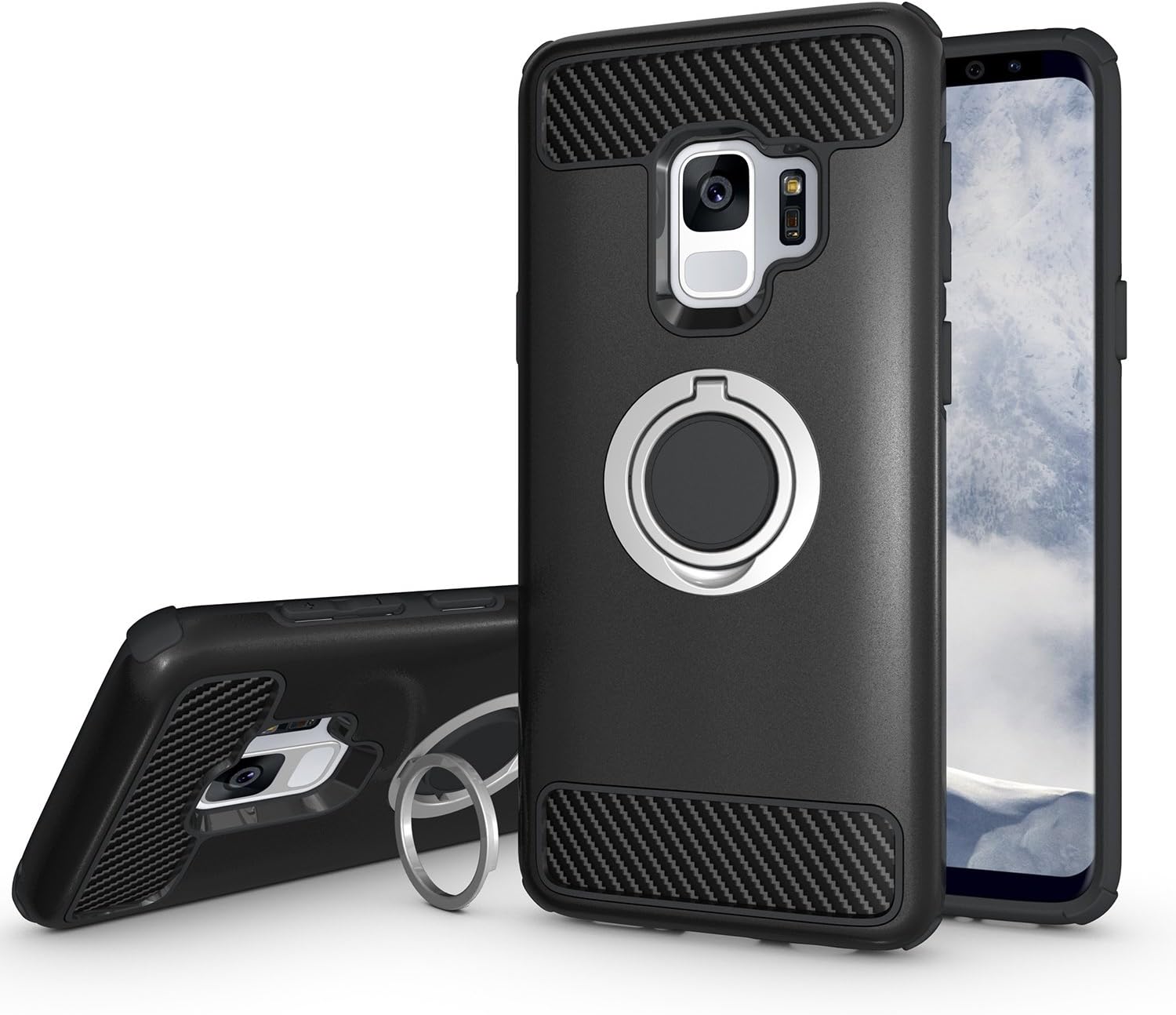 Samsung Galaxy S9 Case,Setber Soft TPU Back Cover+Colorful Hard PC Bumper Dual Layer 2 in 1 with Finger Ring Holder Kickstand Fit Magnetic Car Mount for Samsung Galaxy S9 -Black