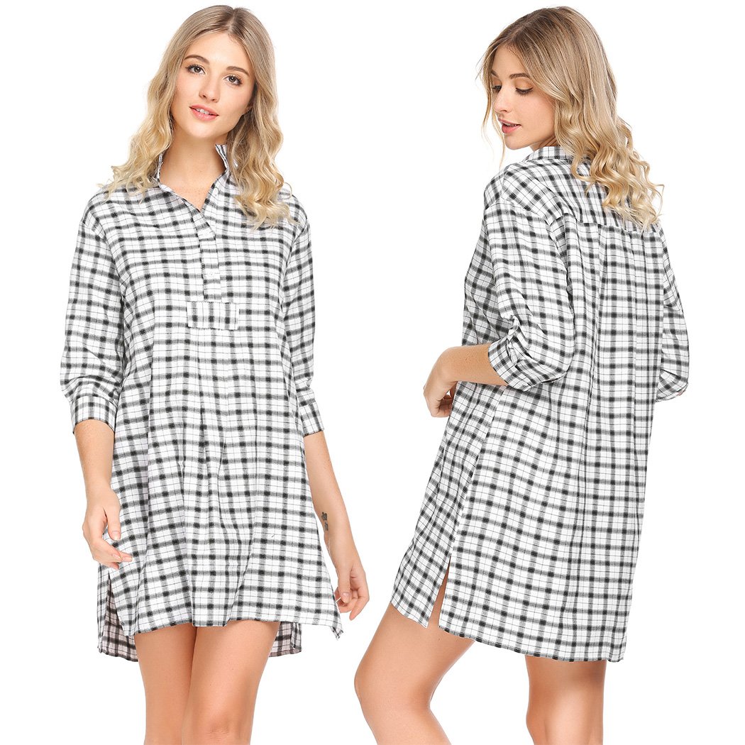 Ekouaer Womens Classic Plaid Nightgown Soft Boyfriend Nightshirt Button Down Sleepshirt