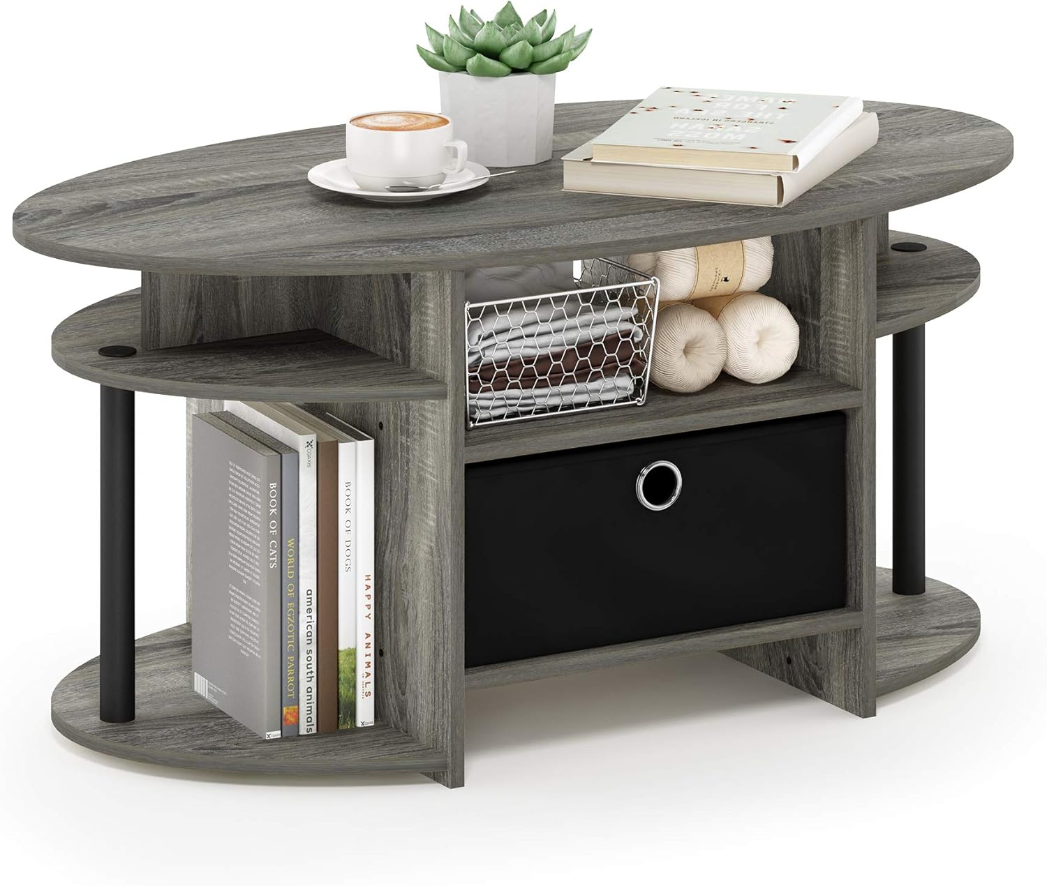FURINNO Jaya Simple Design Oval Coffee Table, French Oak Grey/Black/Black: Kitchen & Dining