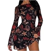 WDIRARA Women's Floral Long Bell Sleeve Mini Dress Boat Neck Mesh Dresses