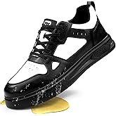 LANGTAN Slip Resistant Work Shoes Lightweight Non Slip Kitchen Restaurant Comfortable Safety Shoes for Men Women Waterproof Leather Chef Shoe for Food Service Black White Size 9.5