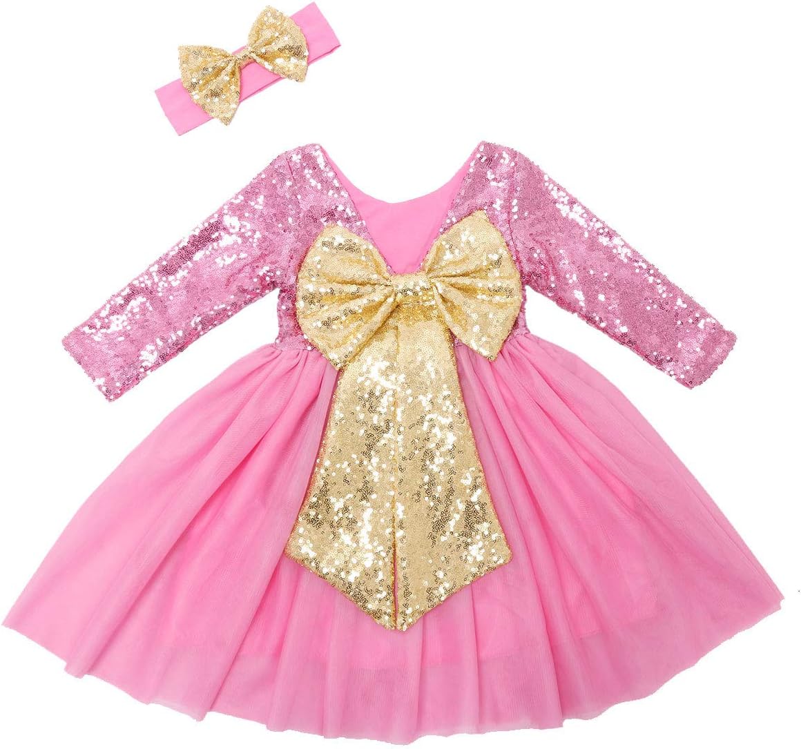Cilucu Flower Girl Dress Sequin Girls Long Sleeve Dress Tutu Party Chrismas New Year Dress