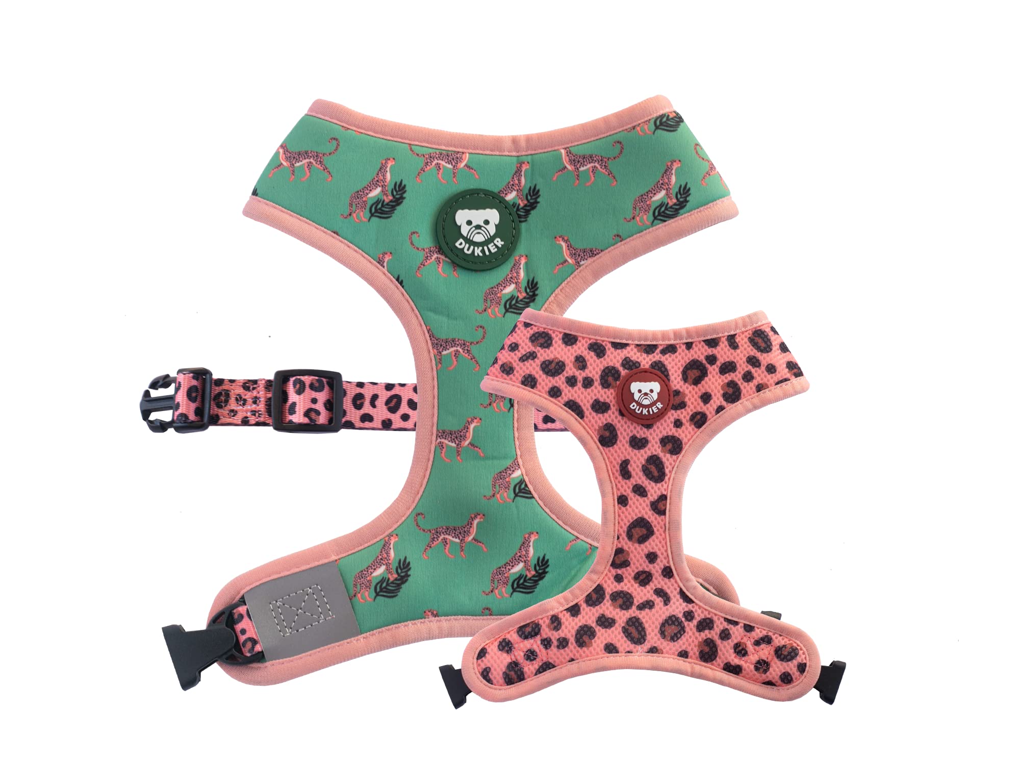 DUKIER - Reversible Dog Harness, Breathable, Breathable and Reflective Pet Waistcoat, Neoprene and Mesh, Adjustable, Leopard Design, Size XL