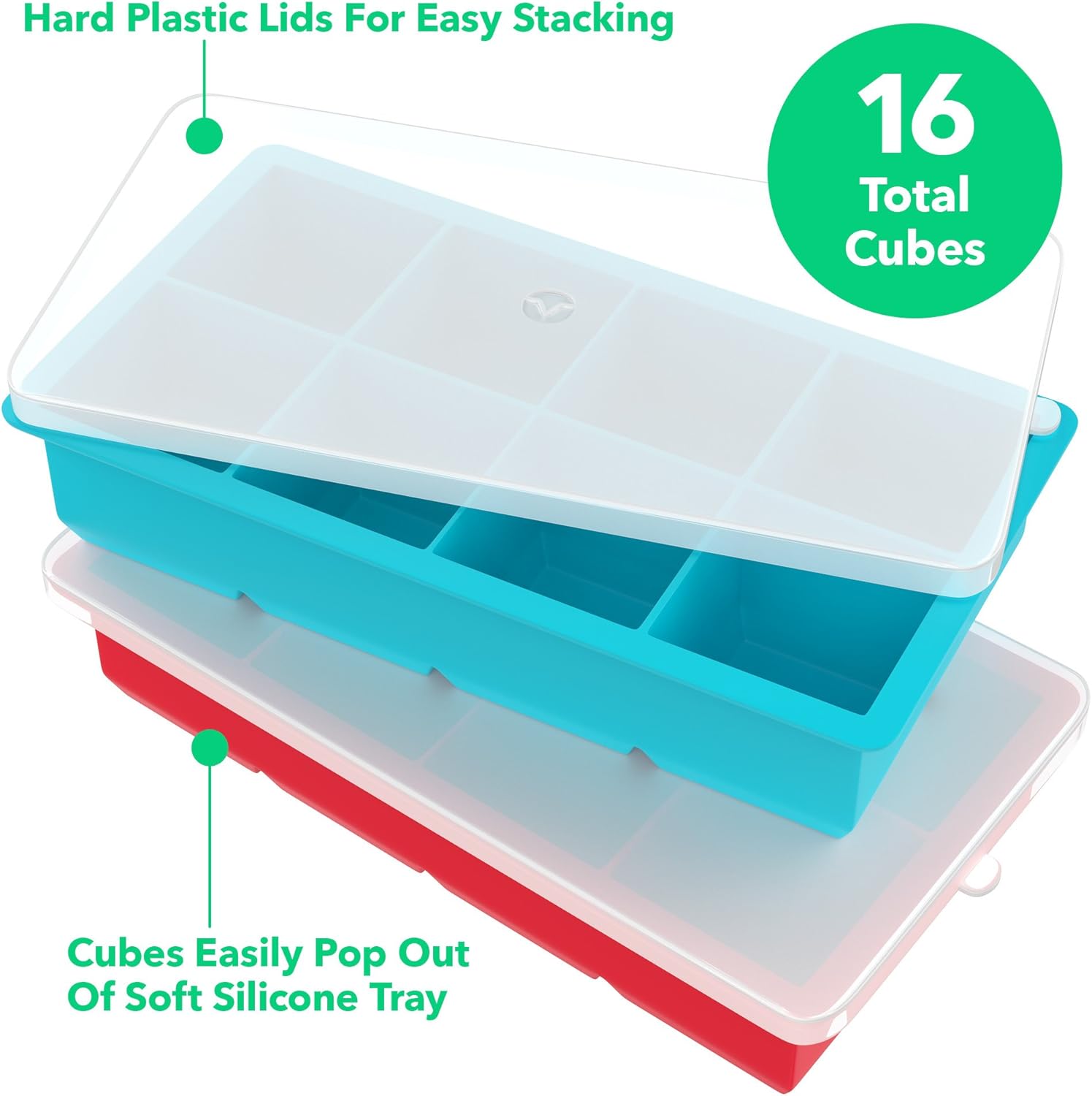 Vremi Large Silicone Ice Cube Trays - 2 Pack 8 Square Cubes per Tray Ideal for Whiskey, Cocktails, Soups, Baby Food and Frozen Treats - Flexible and BPA Free and Includes Covers for Easy Stacking: Kitchen & Dining