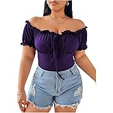 WDIRARA Women's Plus Size Off The Shoulder T Shirt Tie Front Puff Sleeve Tee Ruched Going Out Tops