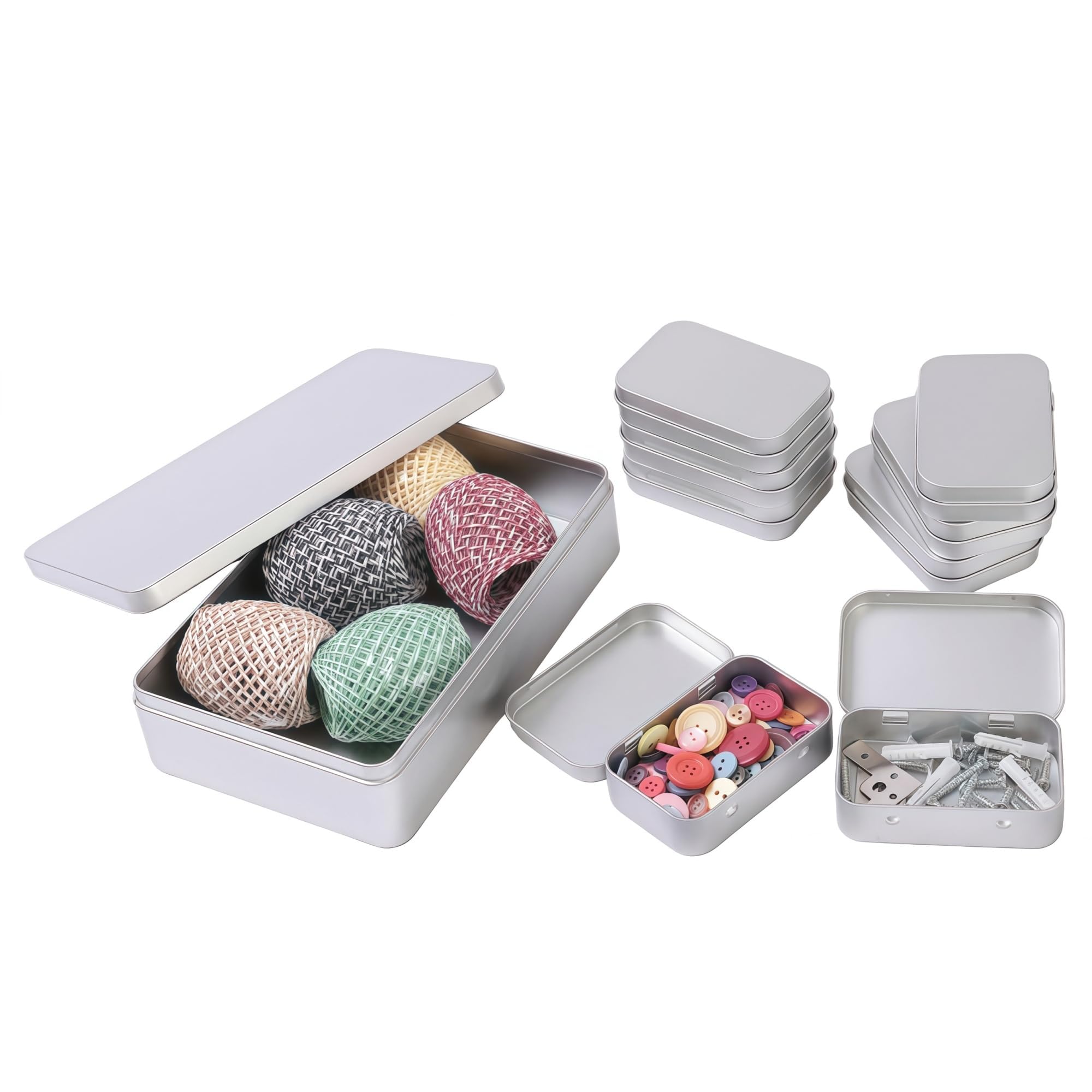 LJY 9 Pack Rectangular Metal Tin Box Set - 1 Large Container with Lid (21.5x12.5x6cm) and 8 Small Hinged Tins (9.5x6.2x2cm) for Crafts, Sewing Kit, Hardware and Storage Tins