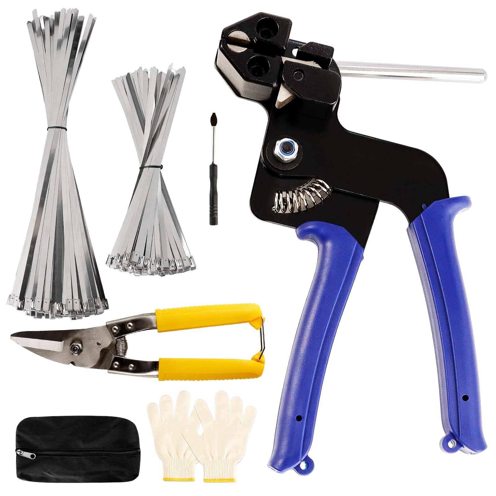 TEKCHIC Metal Cable Tie Kit - 200 Pcs Stainless Steel Cable Ties, Gun, Cutter, Remover, Gloves and Storage Bag