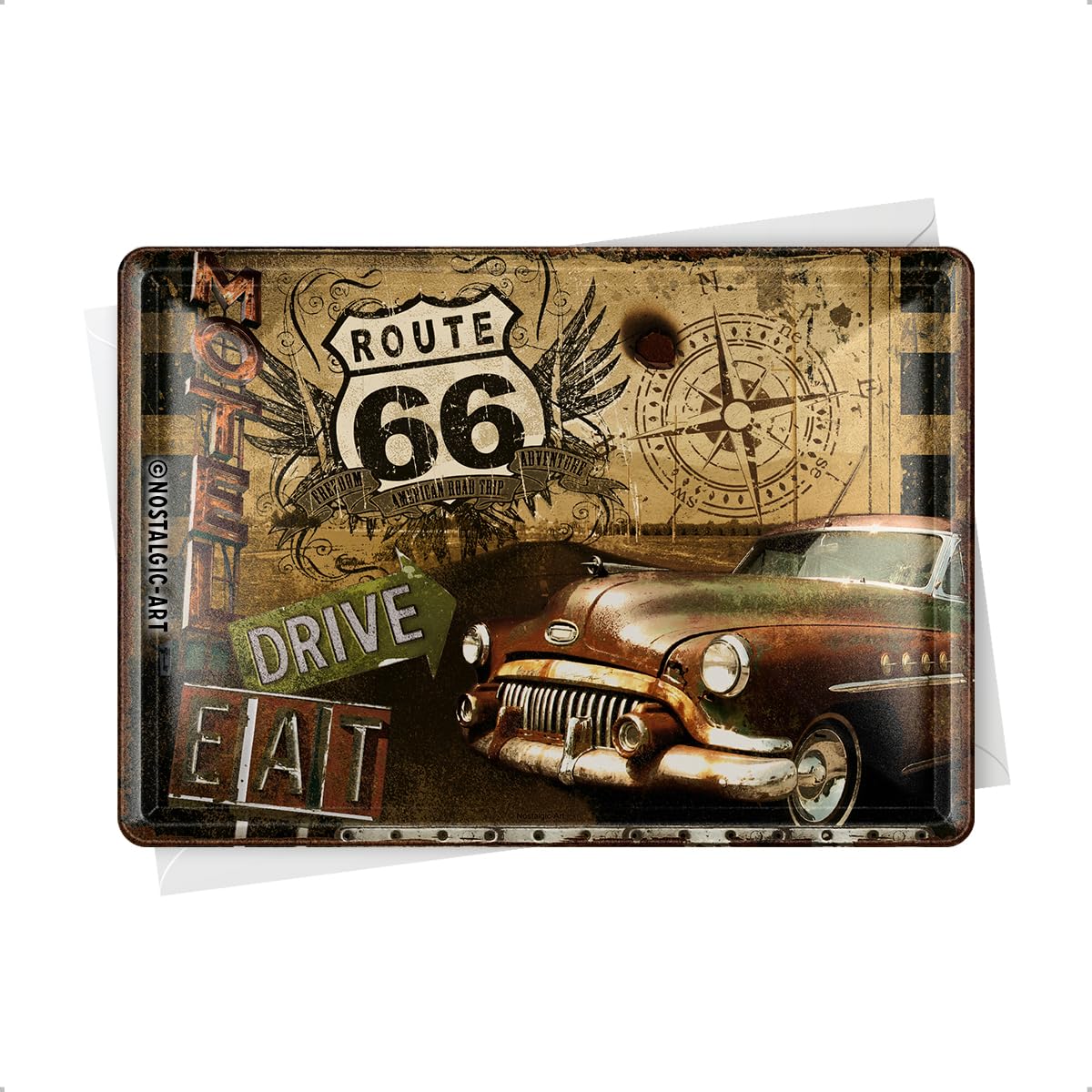 Nostalgic-Art Retro Tin Postcard, 10 x 14 cm, Route 66 - Road Trip - Gift Idea for America Fans, Metal Postcard, Mini Tin Sign as Greeting Card