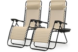 OS MOTOR Zero Gravity Chairs, Portable Folding Reclining Lounge Chairs with Adjustable Pillow and Cup Holder Trays for Outdoor, Patio, Beach, Camping, Garden, Poolside, Set of 2 Beige