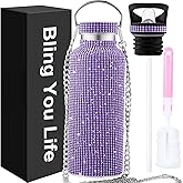 Bling Water Bottle Rhinestone,Diamond Water Bottle,Glitter Rhinestones Stainless Steel Thermal Bottle,Bling Cup for Women Girls,Bling Tumblers with 2 Style lids and 55in Chain (Purple)