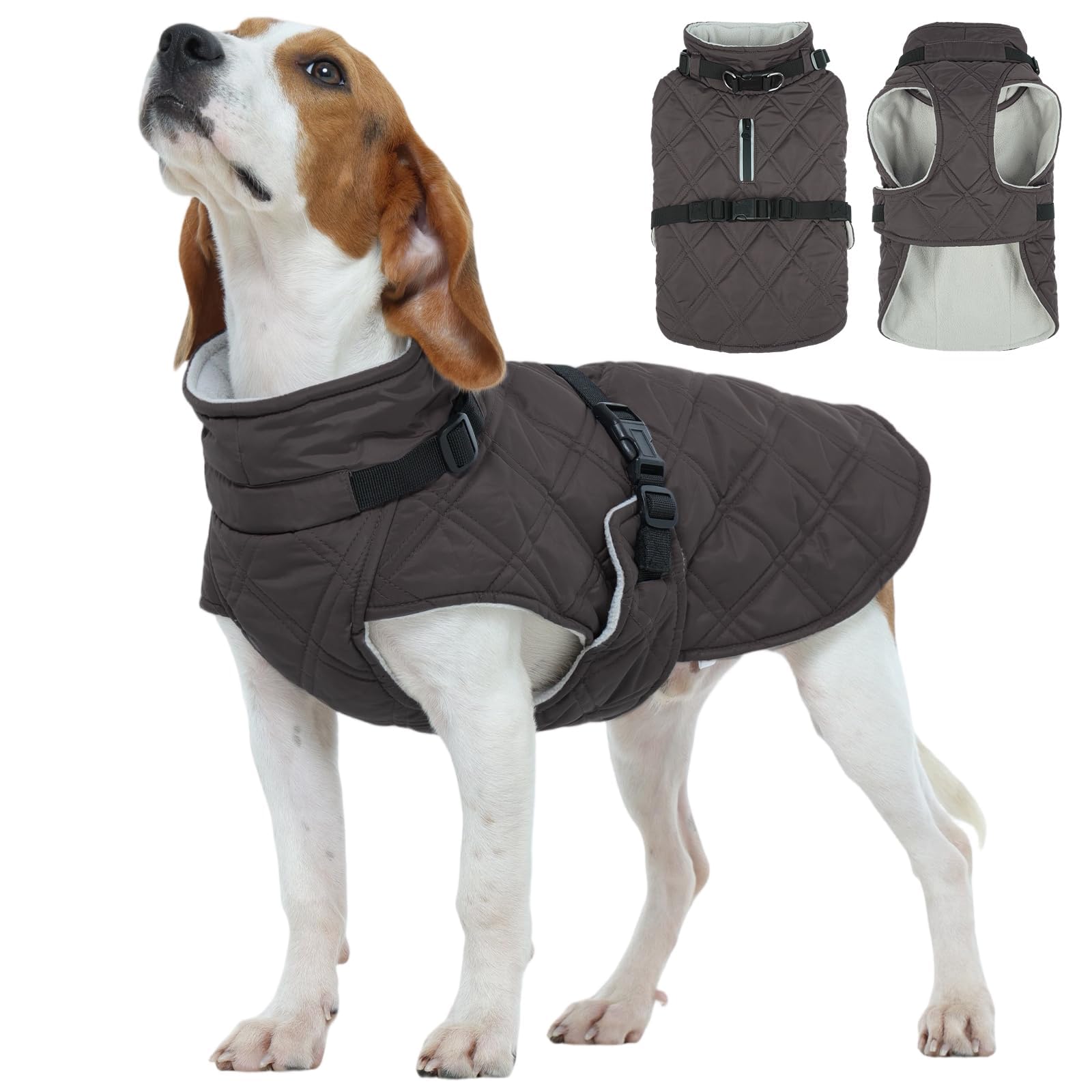Photo 1 of Kuoser Dog Coat Warm Fleece Lining Turtleneck Dog Jacket with Harness Built-in, Adjustable Windproof Cold Weather Coats with Quick Release Buckle Pet Winter Snowsuit for Medium Large Dogs, Grey L