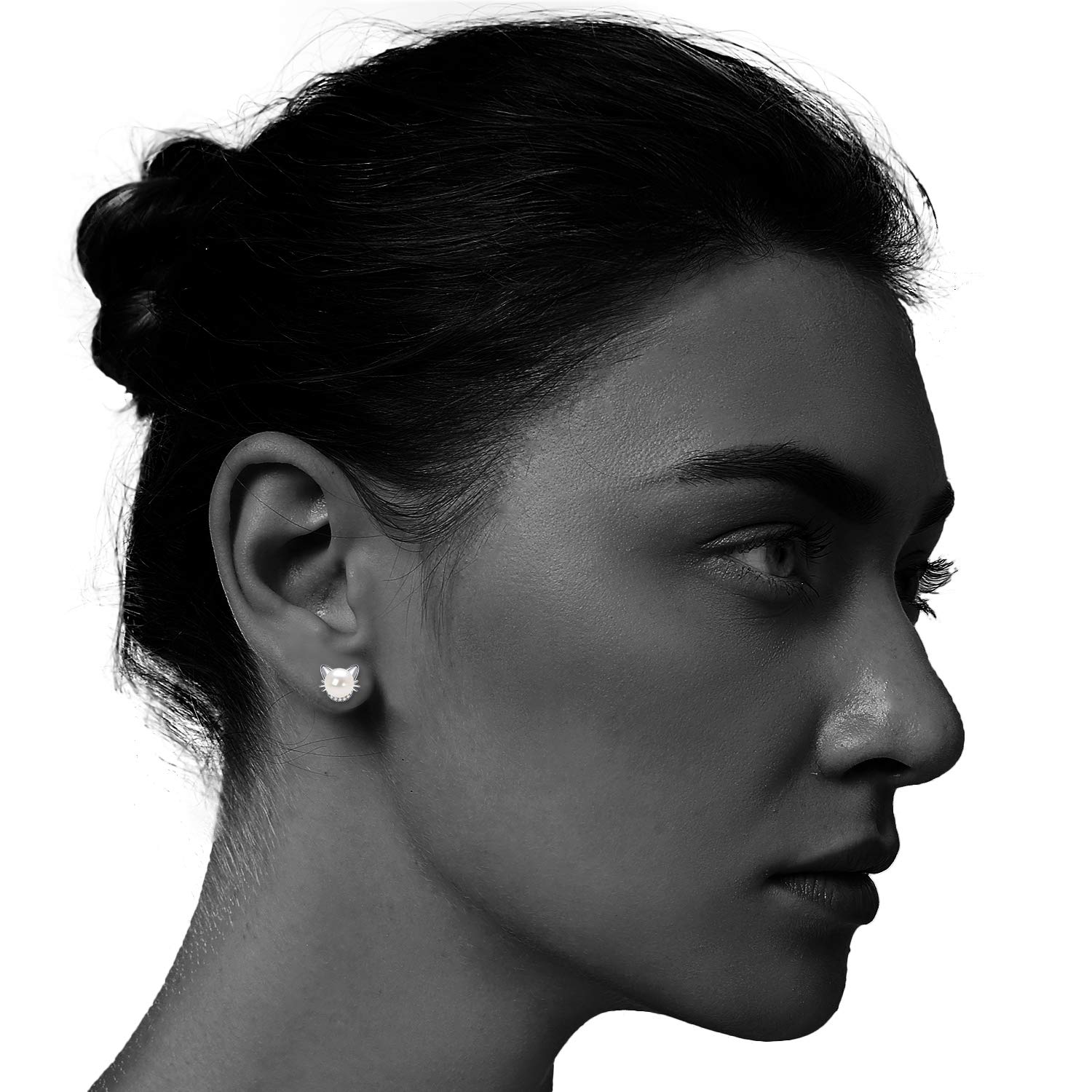 Cat Cute Sterling Silver with Crystal Zircon and AAA Cultured Freshwater Pearl Stud Earrings for Girls Kids