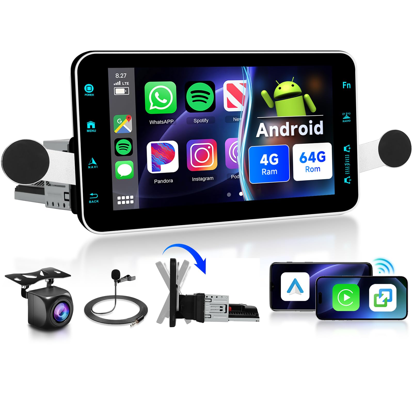 Photo 1 of 4G+64G Andriod Single Din 9-Inch Touchscreen Car Stereo with Wireless Carplay Android Auto, Car Radio Rotatable Screen 1 Din Bluetooth Mirror Link GPS WiFi, FM/RDS EQ with Backup Camera+Phone Holder