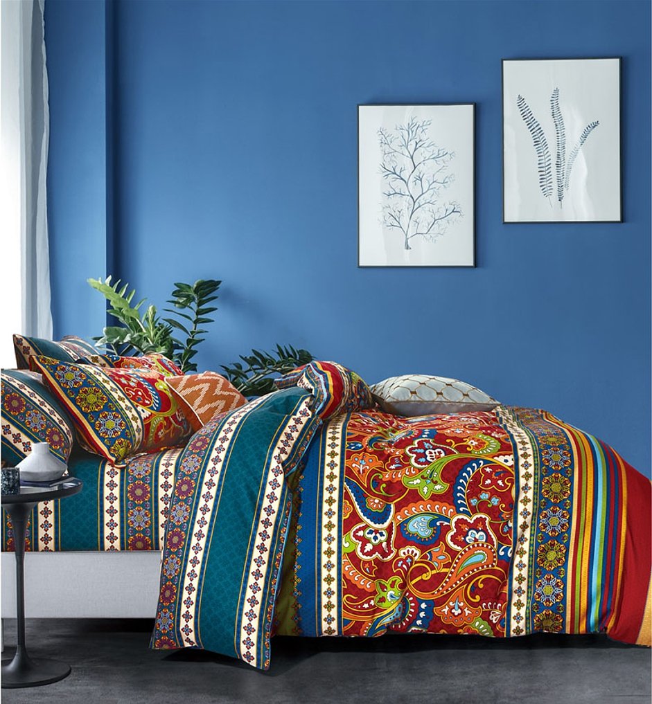 Bohemian Duvet Cover Striped Ethnic Boho Reversible Paisley Pattern