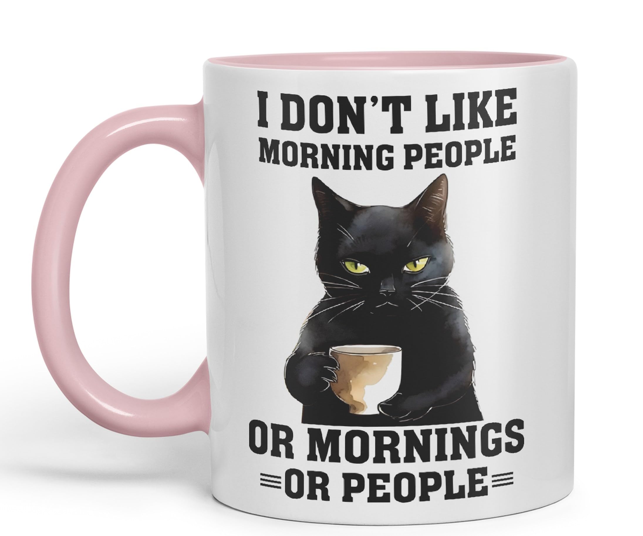 Vixar I Don't Like Mornings People cat Cats Sarcastic Joke Ceramic Coloured Mug Cup for Tea Coffee Hot Brew 330ml 11Oz (Pink)