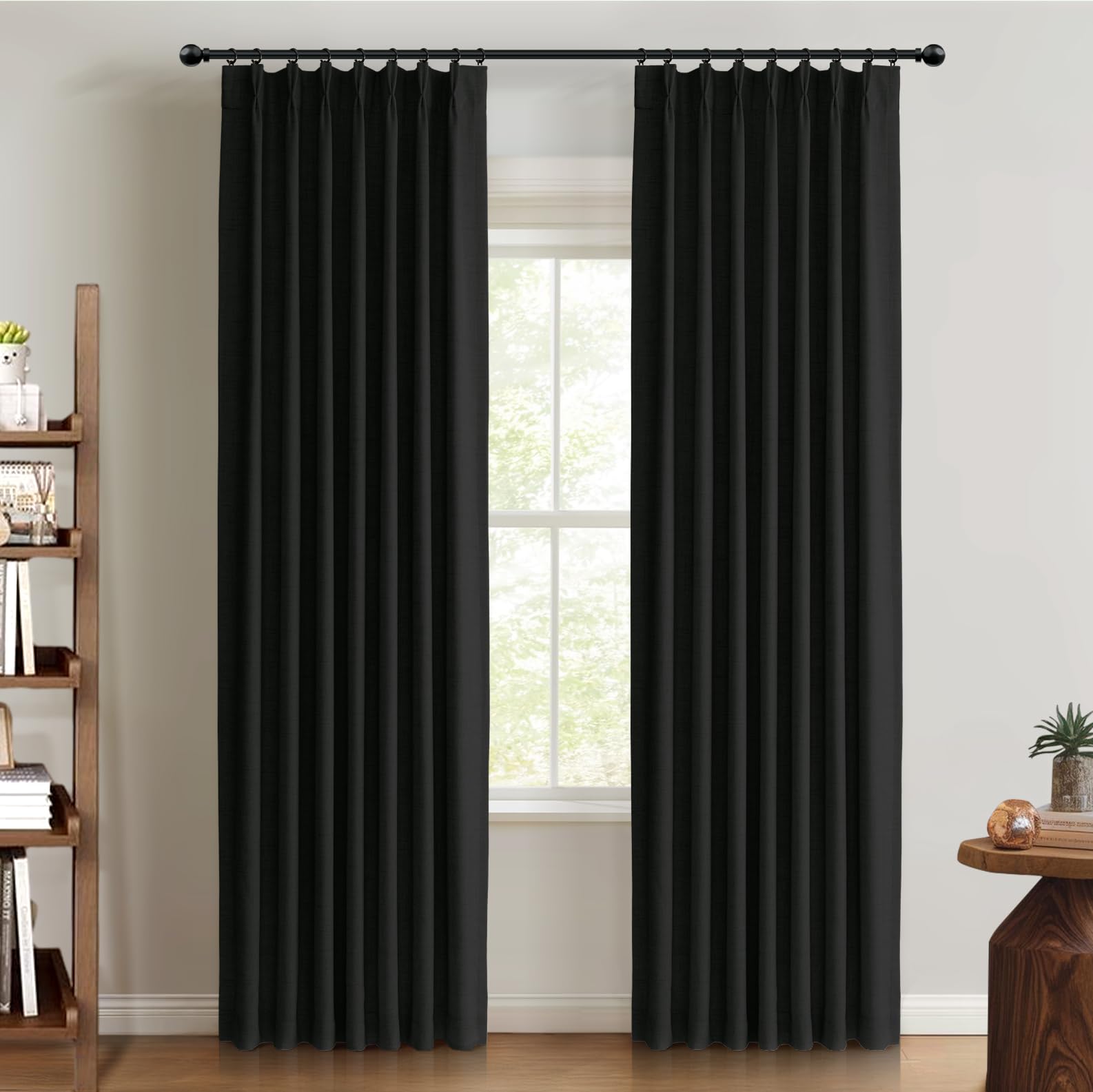 Photo 1 of 100% Blackout Shield Linen Look Textured Pinch Pleated Curtains Blackout Drapes 102 Inch Long 2 Panels Set, Faux Linen Blackout Curtains for Bedroom & Living Room, 40" W x 102" L, Black