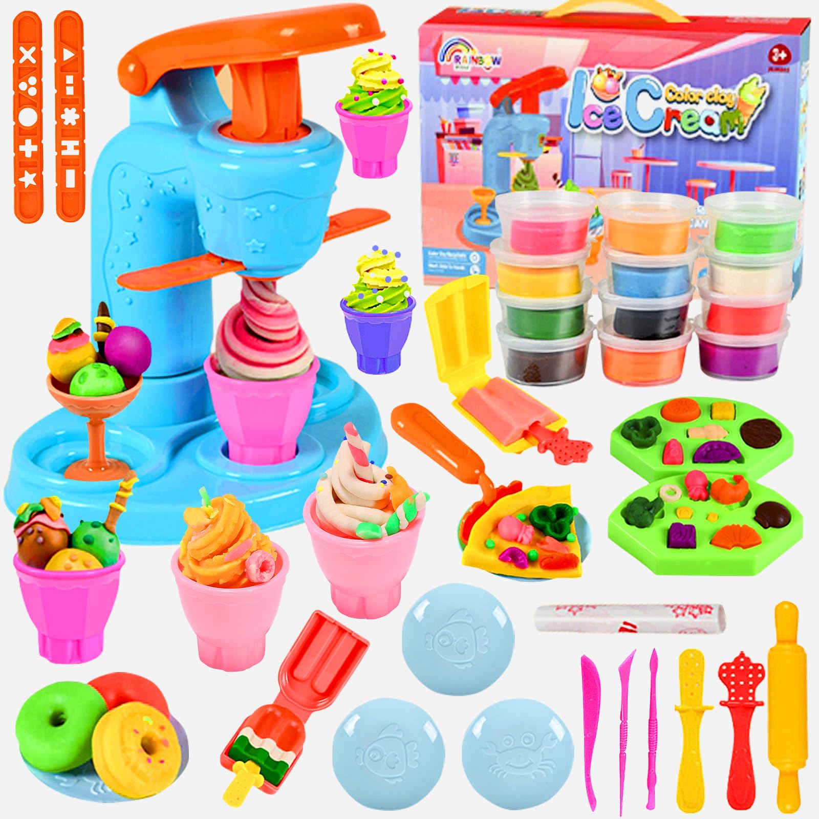 Crelloci 34 PCS Ice Cream Play Color Dough Set, Dough Accessories with Ice Cream Maker Machine, Kitchen Creations Pizza Color Dough Play Sets for Kids 3 4 5years Boys and Girls