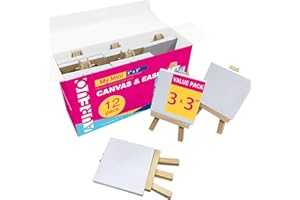 AUREUO Mini Canvas and Easel Set - 3x3 Inch/ 12 Pack - 2/5 Inch Profile Small Square Canvas with Display Stand - Art Gift Set Bulk Pack Canvases for Acrylic Christmas Painting & Craft