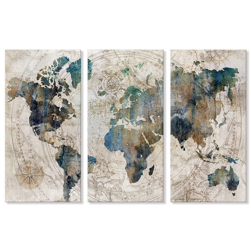 Goldfoilart Vintage World Map Canvas Wall Art Large Poster Teal Blue ...