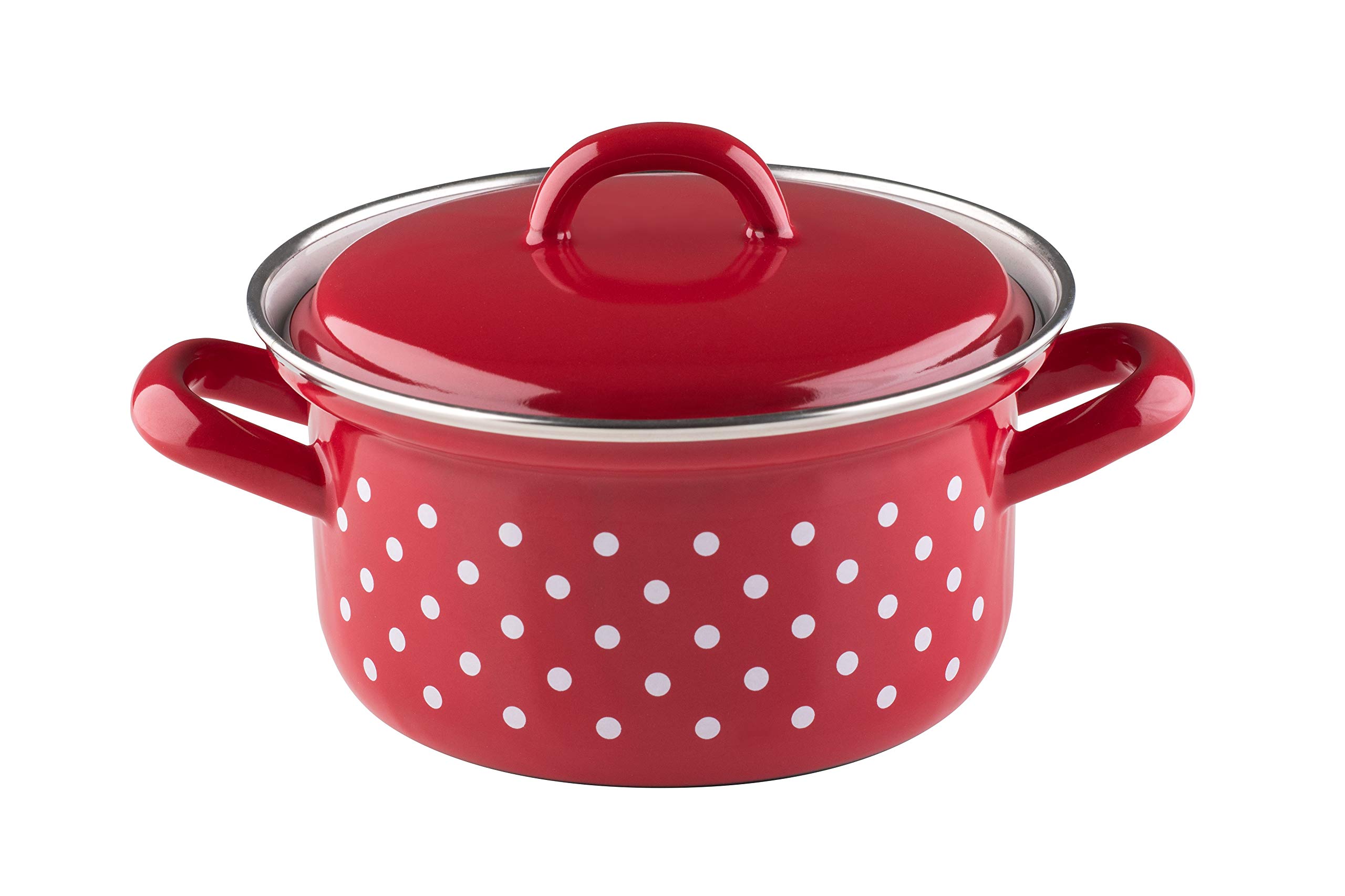 Riess, 0127-077 Casserole Dish with Lid, Country Dots Red, Diameter 14 cm, Height Without Lid 8 cm, Capacity 0.75 litres, Enamel, Red/White, Induction