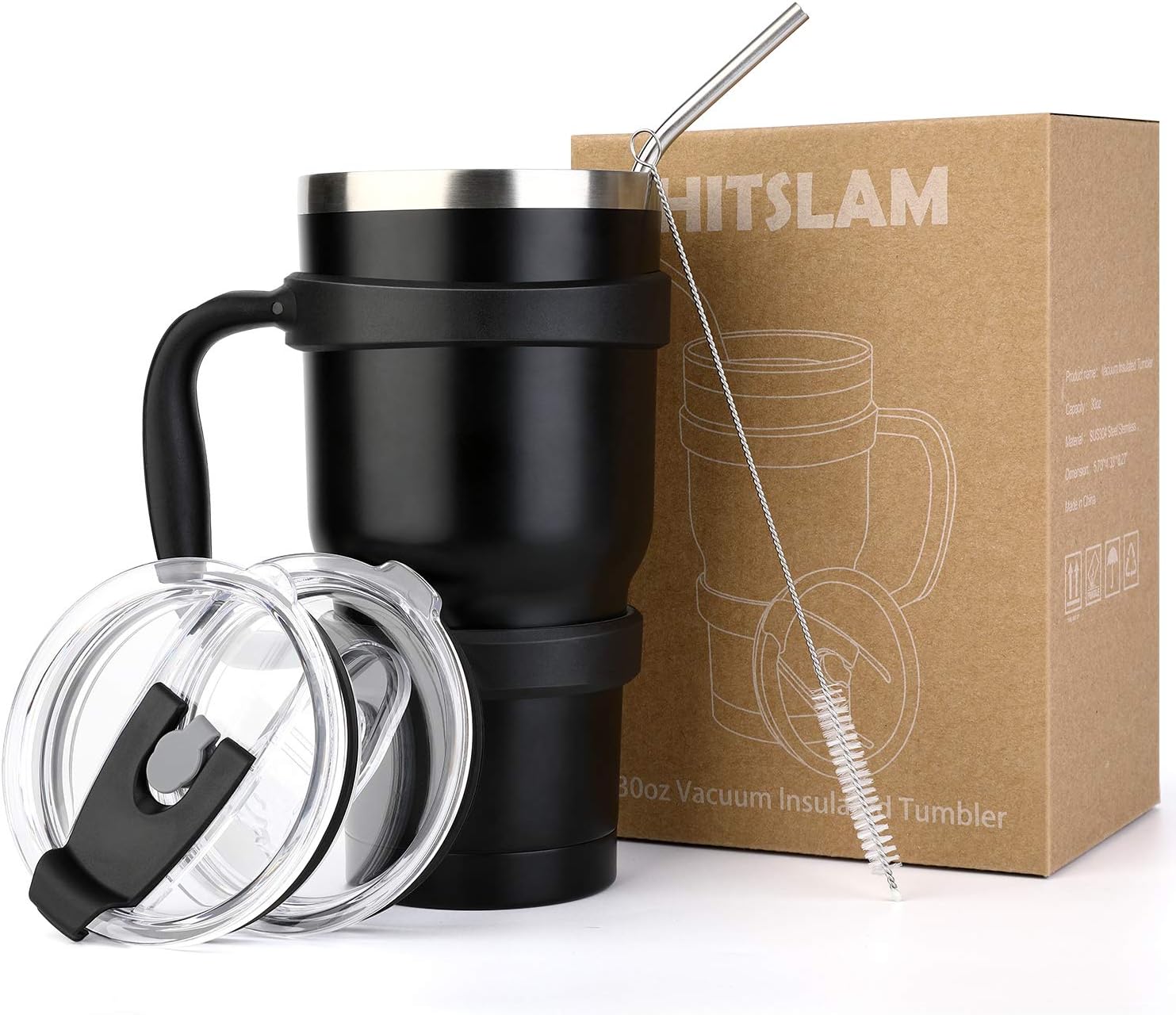 HITSLAM Tumbler 30oz Double Wall Stainless Steel Tumbler Vacuum Insulation Travel Mug for Cold Drink/Hot Beverage includes 2 Lids, Cup Handle, Straw, Cleaning Brush (Black)