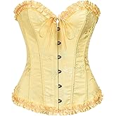 WDIRARA Women's Lace Up Overbust Corset Bustier Top Ruffle Trim Strapless Renaissance Tube Tops Clubwear