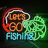Lucunstar Let's Go Fishing Neon Sign Dimmable Fish Neon Light for Wall Decor LED USB Powered Fishing Hook Lights for Bedroom Living Room Man Cave Yacht Decor Men Gifts