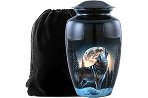 AWESOME MEMORIES Midnight Wolf Urn with Velvet Bag, Metal Cremation Urn for Adults, Multicolor Floral Pattern, Decorative Urn