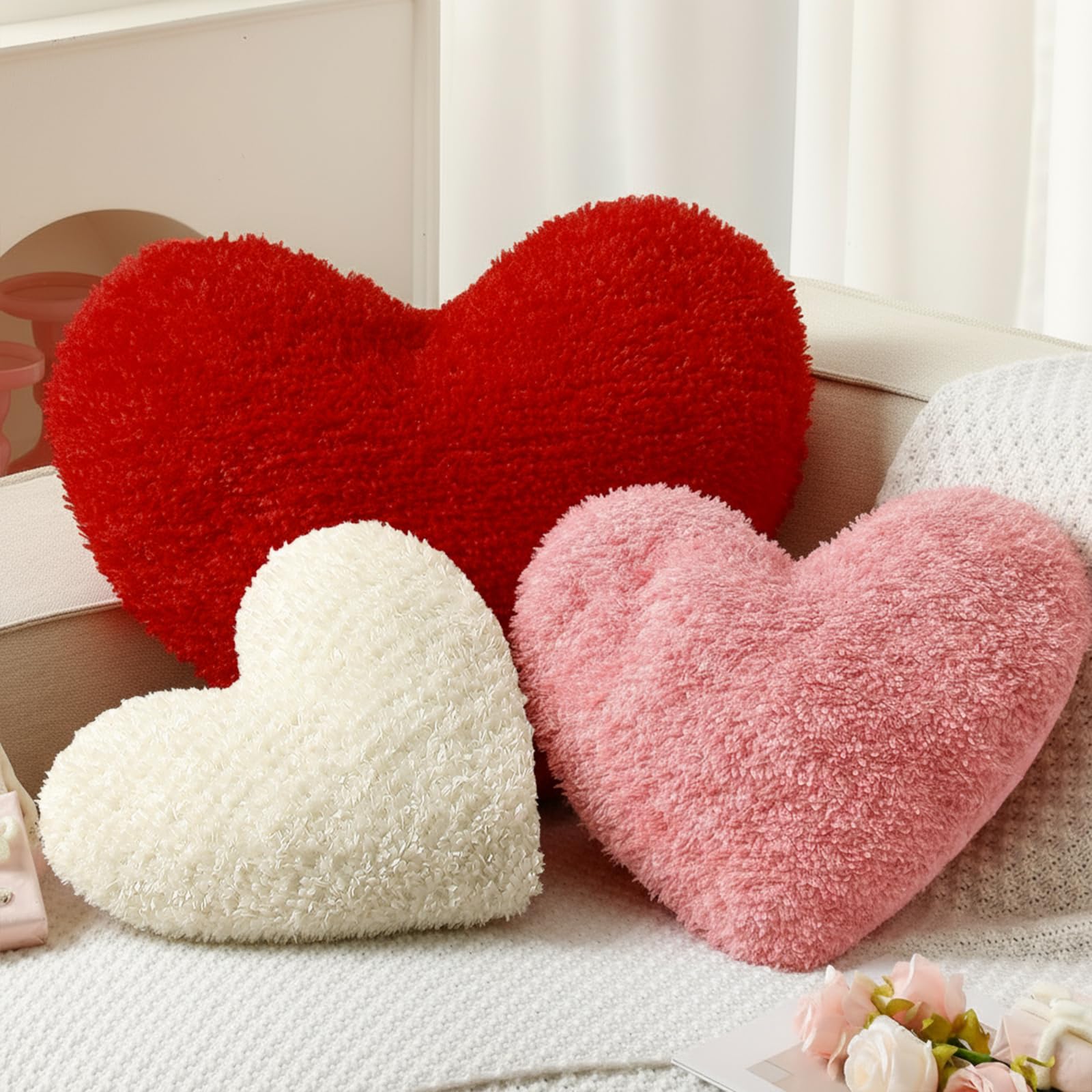 Photo 1 of Bucherry 3 Pcs Valentine's Day Heart Throw Pillows, Red White Pink Heart Pillow Soft Decorative Back Cushion for Girls Women Bed Sofa Valentines Wedding Gifts Home Decor(Plush,Without Ruffed)