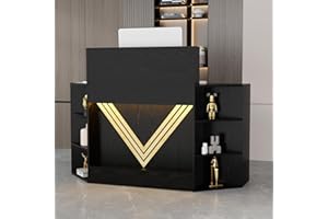 VOWNER 39.3" H Modern Reception Desk with LED Lighting, Office Counter with Display Cabinet, Secretary Desk with Power Outlets – Front Desk for Salon, Lobby (55.1" W x 21.2" D x 39.3" H) (Black)