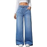 Djeanxa Women's High Waisted Wide Leg Jeans Drawstring Straight Baggy Denim Pants Casual Loose Boyfriend Teens Jean Trouser