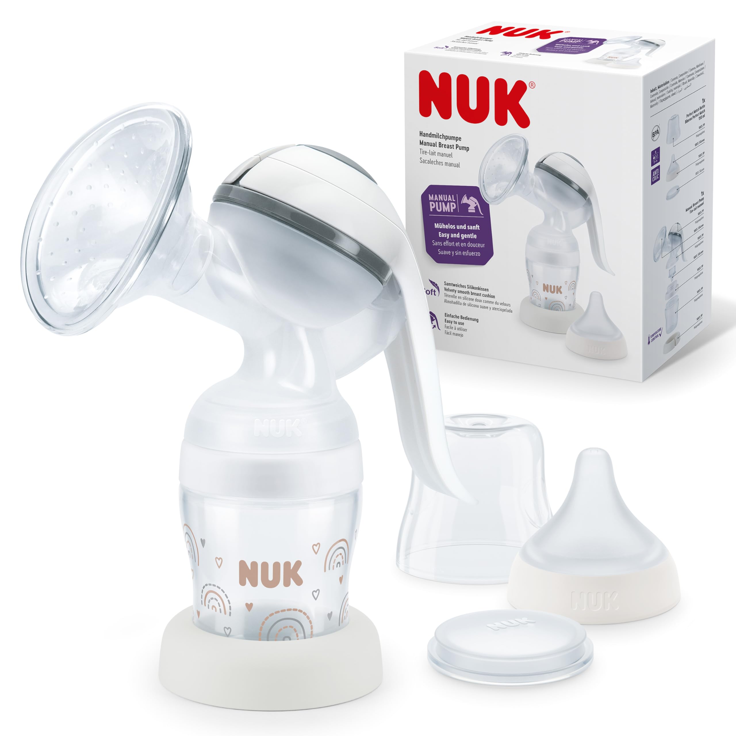 NUK Manual Breast Pump | Soft Silicone Cushion | Ergonomic Lever | With Perfect Match Baby Bottle | 150ml