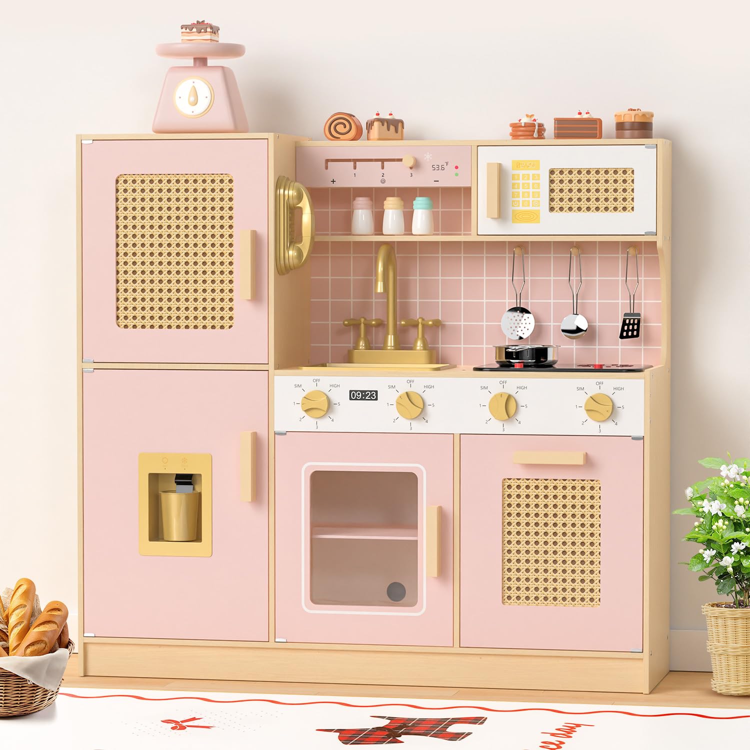 View 1 of ** FACTORY SEALED**Babytronic Wooden Kitchen Playset for Kids - Pink Pretend Play Kitchen with Lights & Sounds, Retro Style Toy Kitchen for Toddlers Ages 3+, Wooden Play Kitchen Set with Realistic Design (Pink)