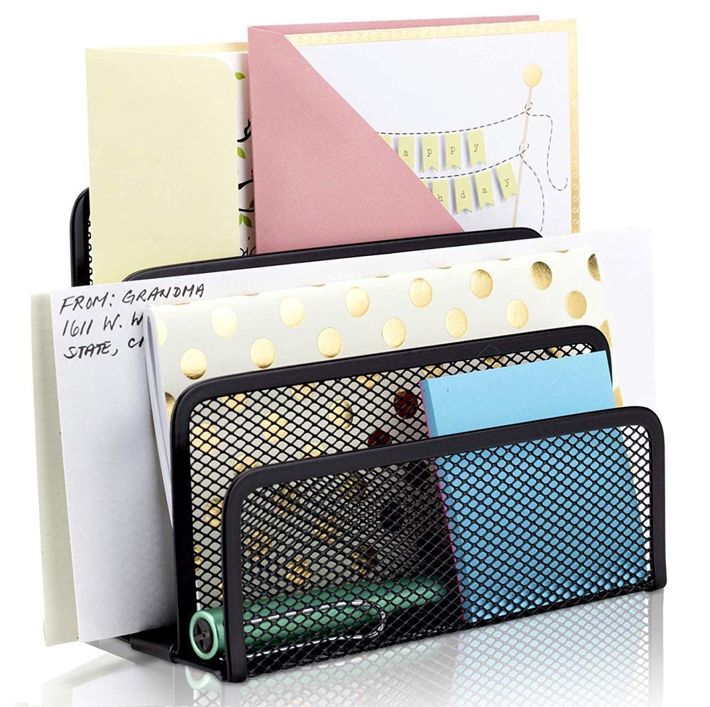 Vertical Letter Sorter Metal Mesh Letter Holder Mail Document Desk Tray Desktop File Paper Rack Organizer Holder Black Desk Letter Rack with 3 Vertical Upright Compartments