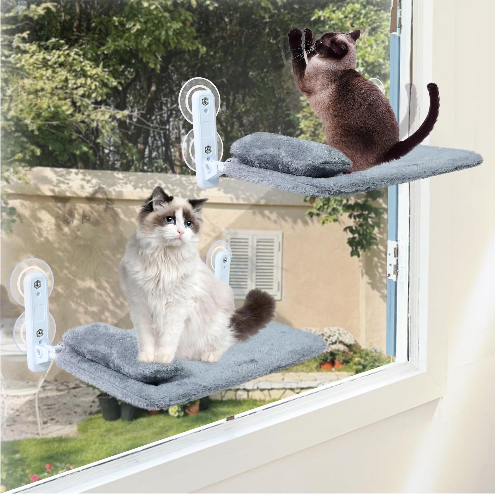 Photo 1 of 2-Pack Cat Window Perch for Cats Inside Cordless, Sturdy Foldable Cat Hammock Bed for Window with Pillow, Pet Window Seat with Metal Frame and Reversible Cover, Pet Perch Bed Shelf for Cats Inside(M)