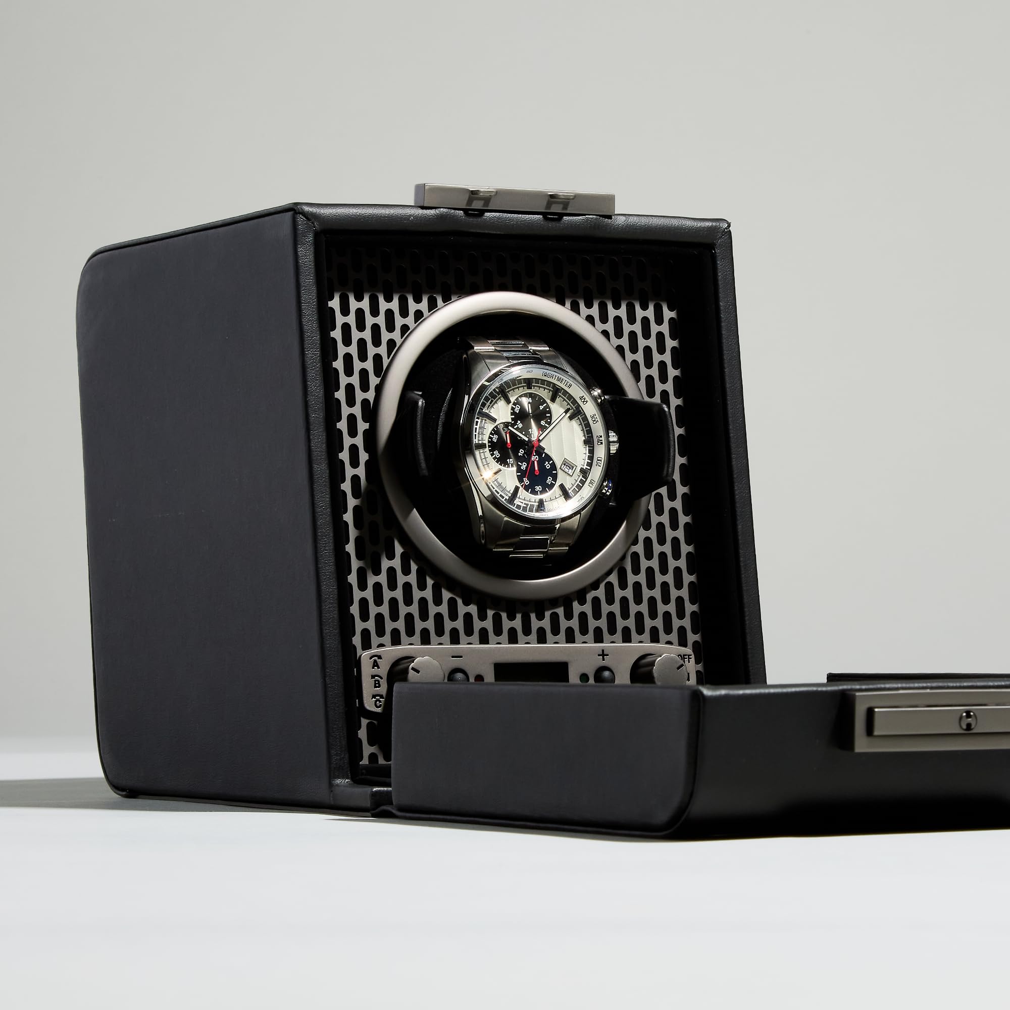 Wolf Designs Wolf Axis Watch Winder with Glass Cover - Secure Fit with Patented Lock-in Dynamic Cuff - Accommodates All Wrist Sizes - Vegan Leather - Includes Universal Adapter