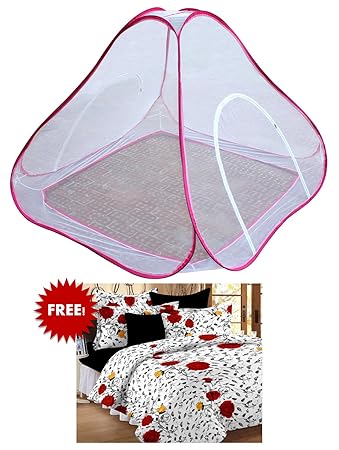Bedspun Double Bed Pink mosquito net double bed Free Double Size Elegent 100% Cotton Floral Bedsheets with 2 Pillow Covers, White & Red