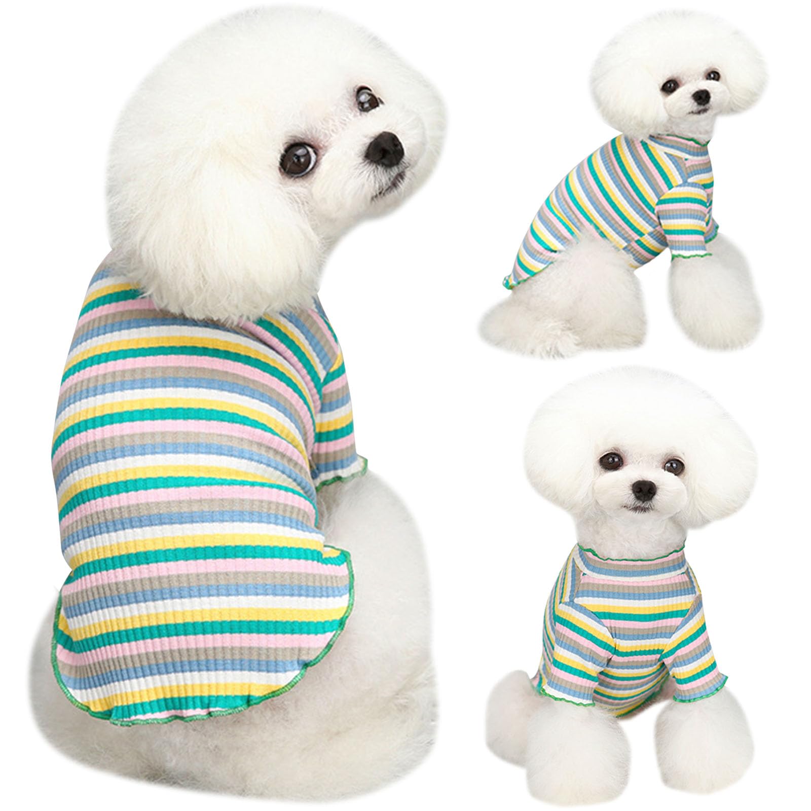 Yaopelky Small Medium Dog Clothes Rainbow Striped Dog Shirts Stretchable Long Sleeve Cat T-Shirt Pet Outfits for Chihuahua Yorkie Teddy (Green edge, S)