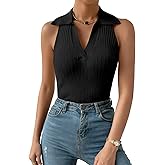 Momtecanuo Women Ribbed Tank Top, Going Out Collared Camisole Top Business Casual Sleeveless V Neck Fitted Polo Shirt