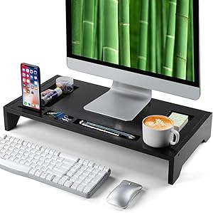 Bamboo Monitor Stand Riser - 23" Black Finished with Storage Organizer for Office Accessories and Desk Laptop Riser or PC Computer Stand for Home or Office by AMADA HOMEFURNISHING