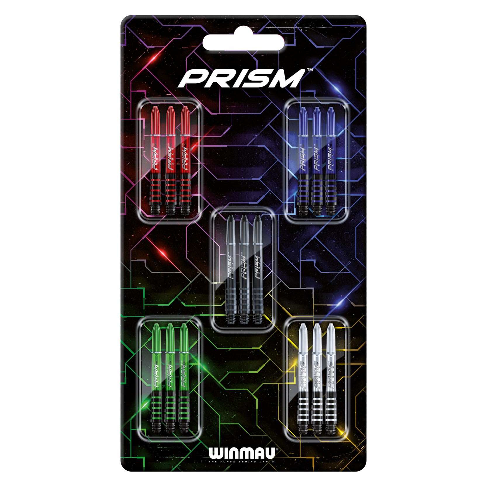 WINMAU - Prism Force Dart Stems Collection - Dart Shafts 5 Sets Per Pack (15 in Total) - Medium Darts Shafts - Professional Darts Accessories - Contains Red, Purple, Blue, Green & White — image 1